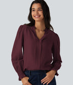 V Neck Puff Long Sleeve Casual Blouse — Wine Red — view 1