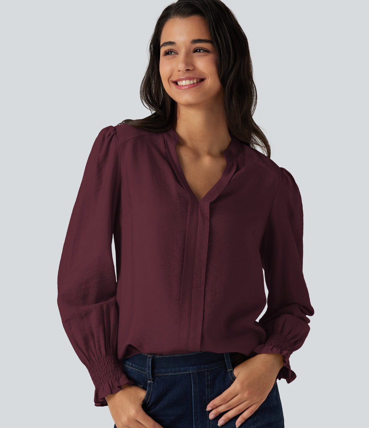V Neck Puff Long Sleeve Casual Blouse — Wine Red — view 1