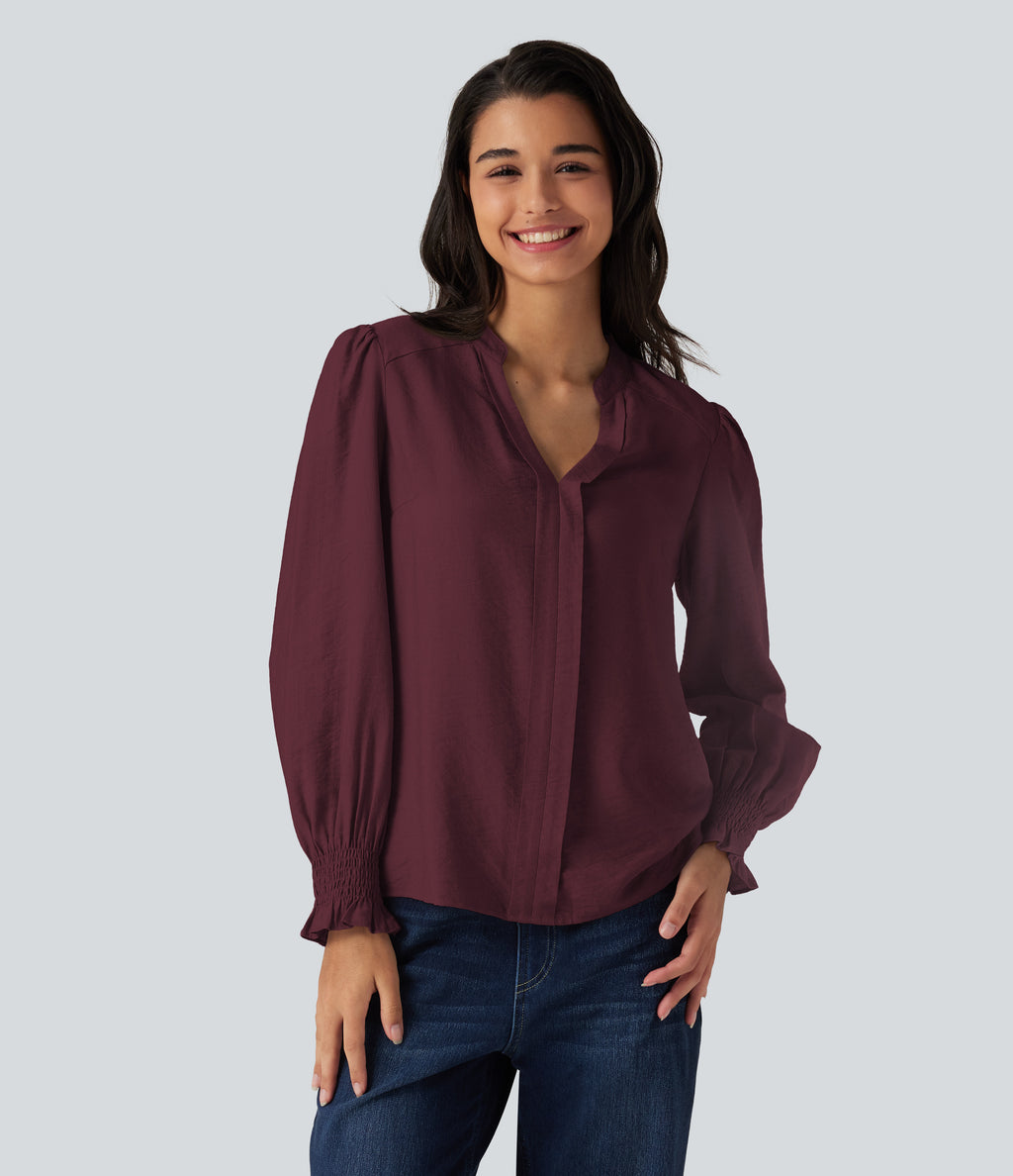 V Neck Puff Long Sleeve Casual Blouse — Wine Red — view 4