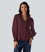 V Neck Puff Long Sleeve Casual Blouse — Wine Red — view 4