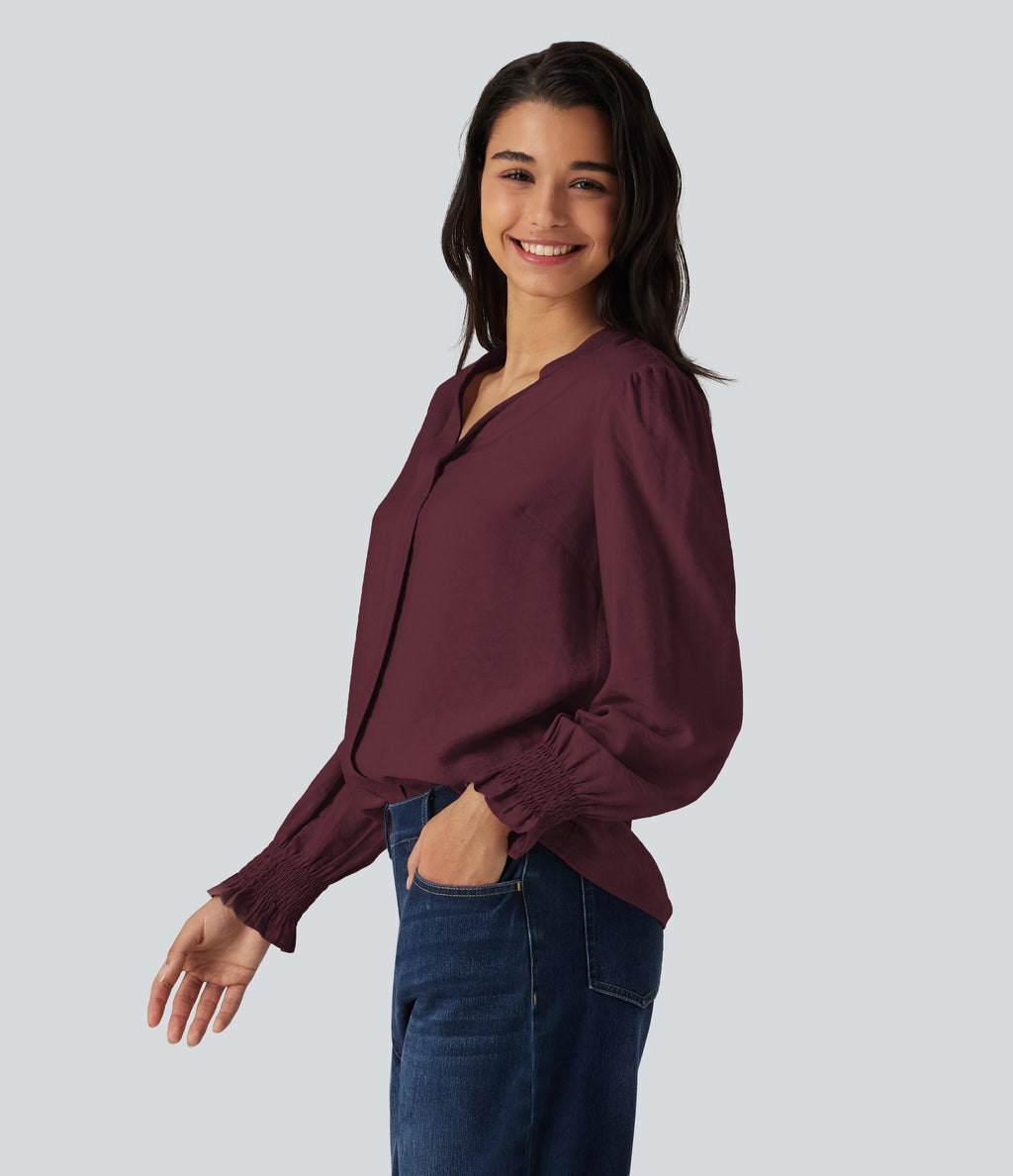 V Neck Puff Long Sleeve Casual Blouse — Wine Red — view 3