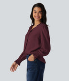 V Neck Puff Long Sleeve Casual Blouse — Wine Red — view 3