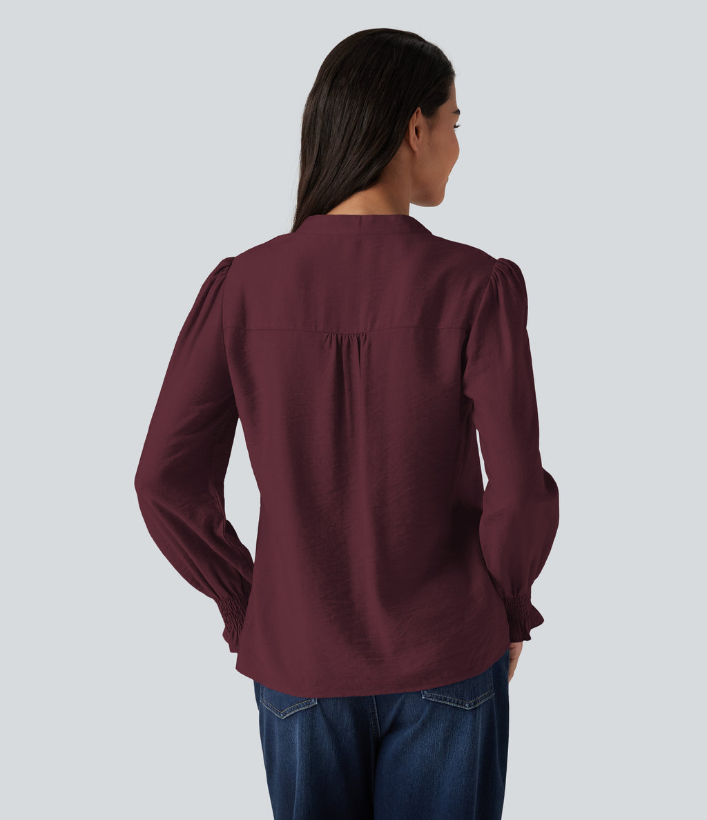 V Neck Puff Long Sleeve Casual Blouse — Wine Red — view 2