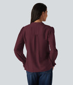 V Neck Puff Long Sleeve Casual Blouse — Wine Red — view 2