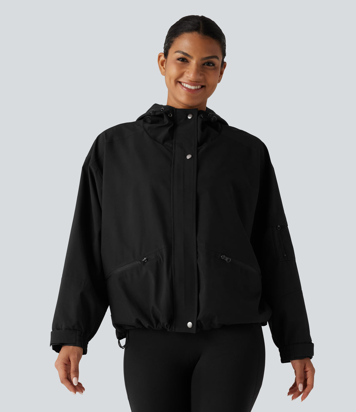 Hooded Drawstring Long Sleeve Casual Jacket with Pockets — Black — view 4