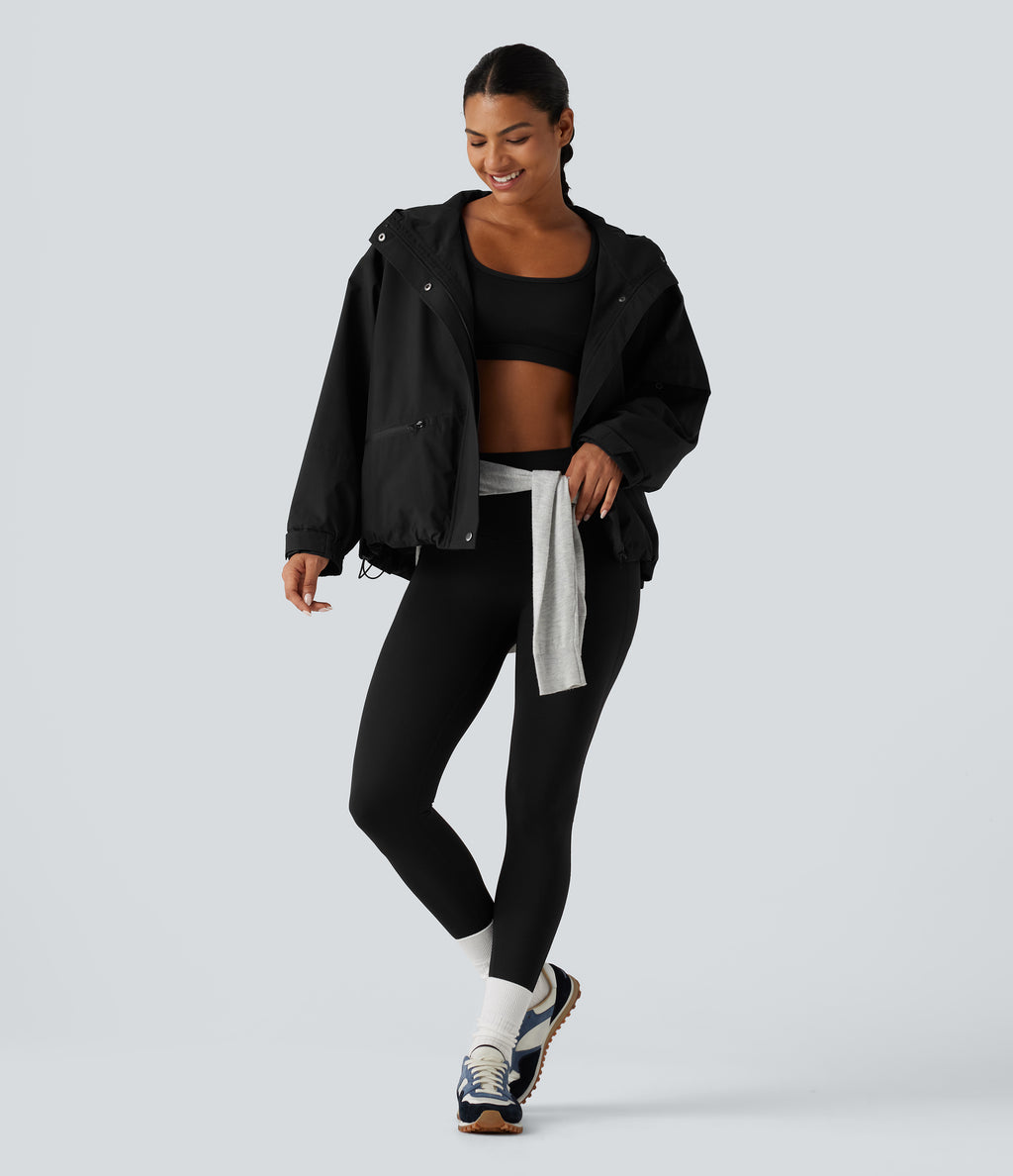 Hooded Drawstring Long Sleeve Casual Jacket with Pockets — Black — view 7