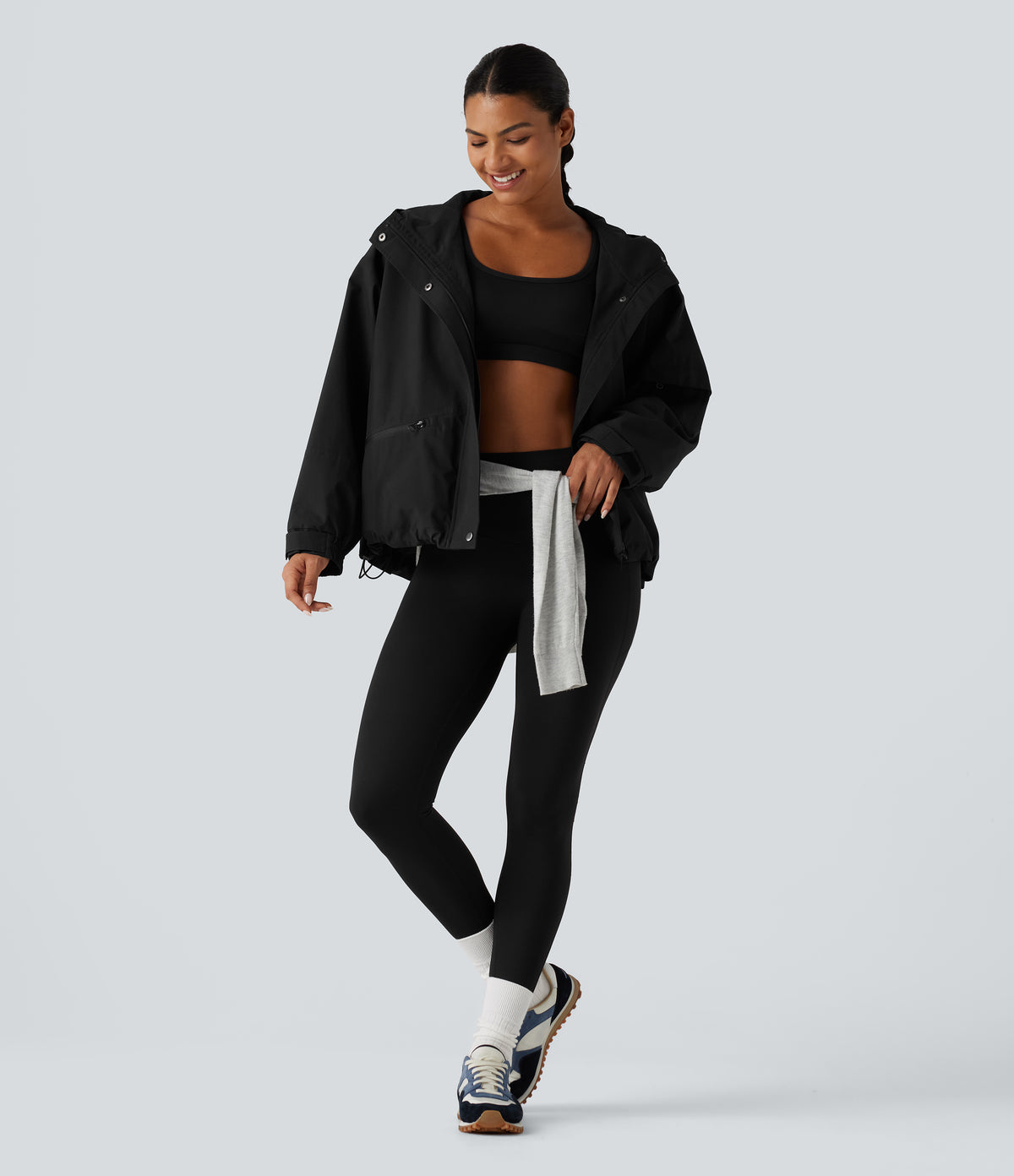 Hooded Drawstring Long Sleeve Casual Jacket with Pockets — Black — view 7