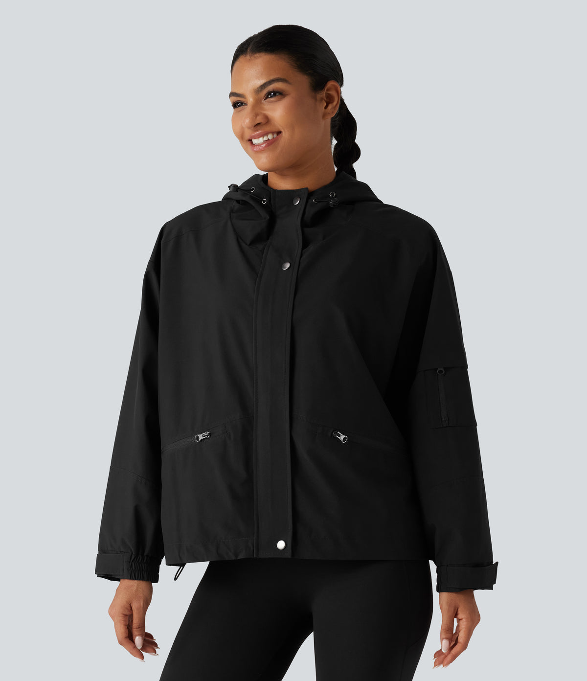 Hooded Drawstring Long Sleeve Casual Jacket with Pockets — Black — view 1