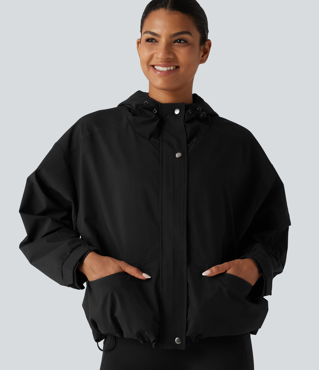 Hooded Drawstring Long Sleeve Casual Jacket with Pockets — Black — view 5
