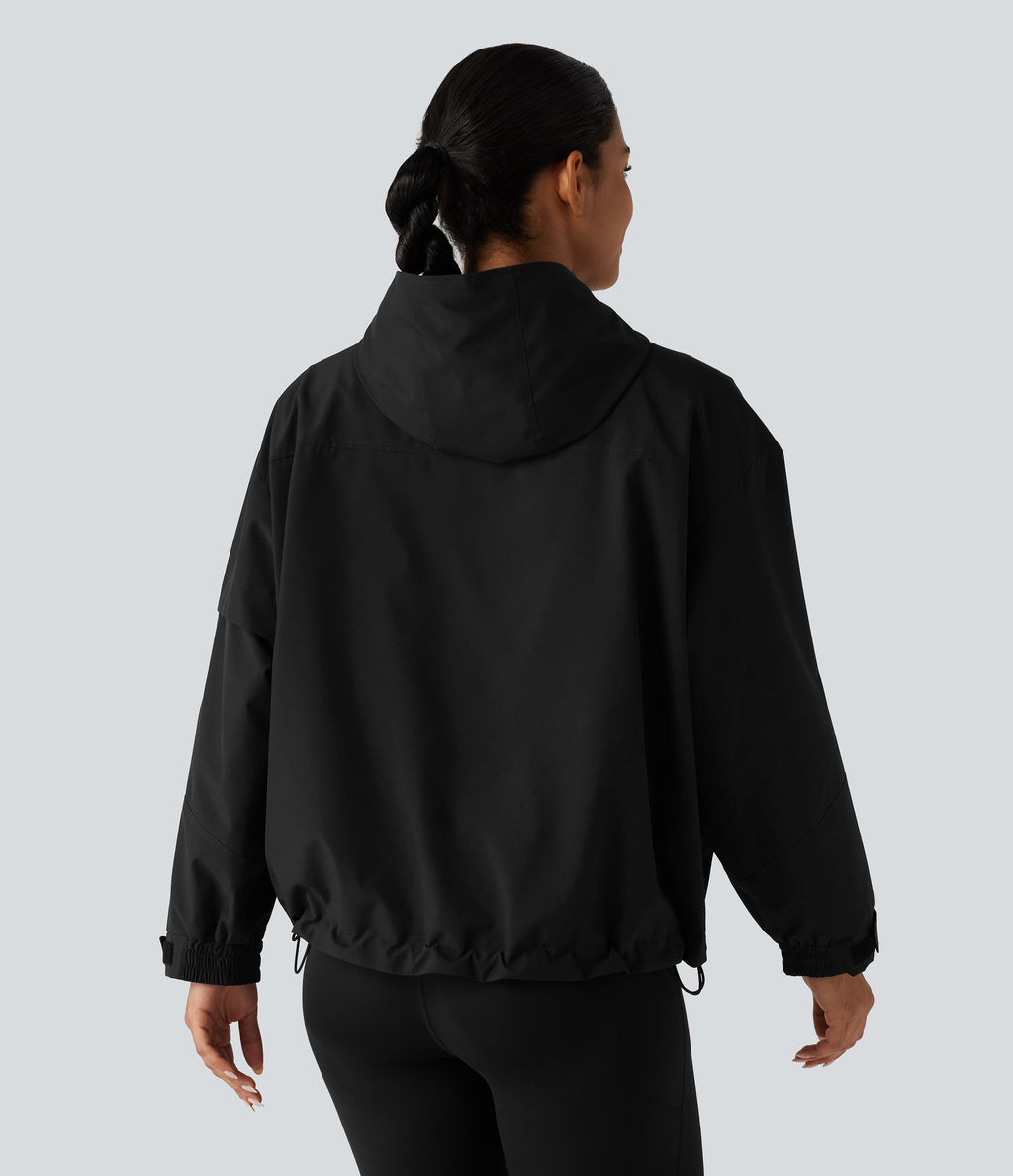 Hooded Drawstring Long Sleeve Casual Jacket with Pockets — Black — view 2