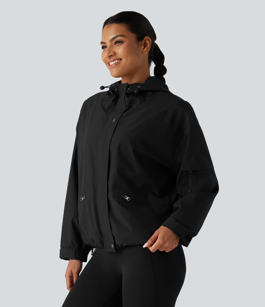 Hooded Drawstring Long Sleeve Casual Jacket with Pockets — Black — view 3