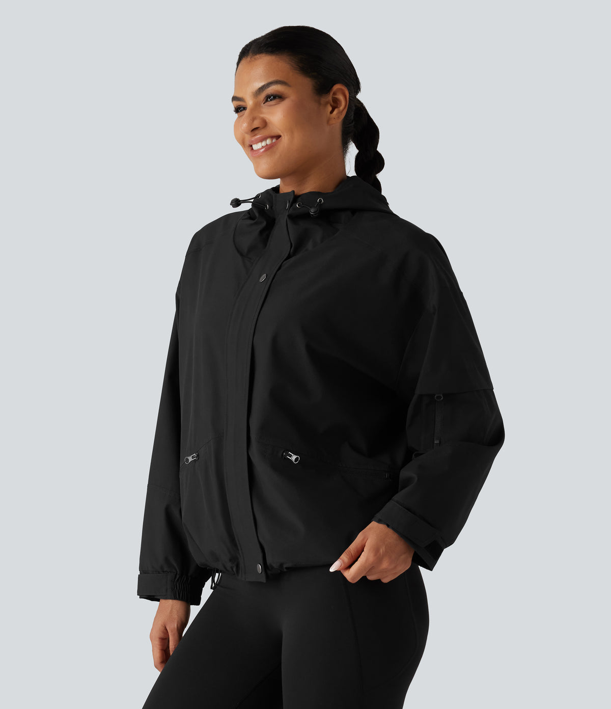 Hooded Drawstring Long Sleeve Casual Jacket with Pockets — Black — view 3