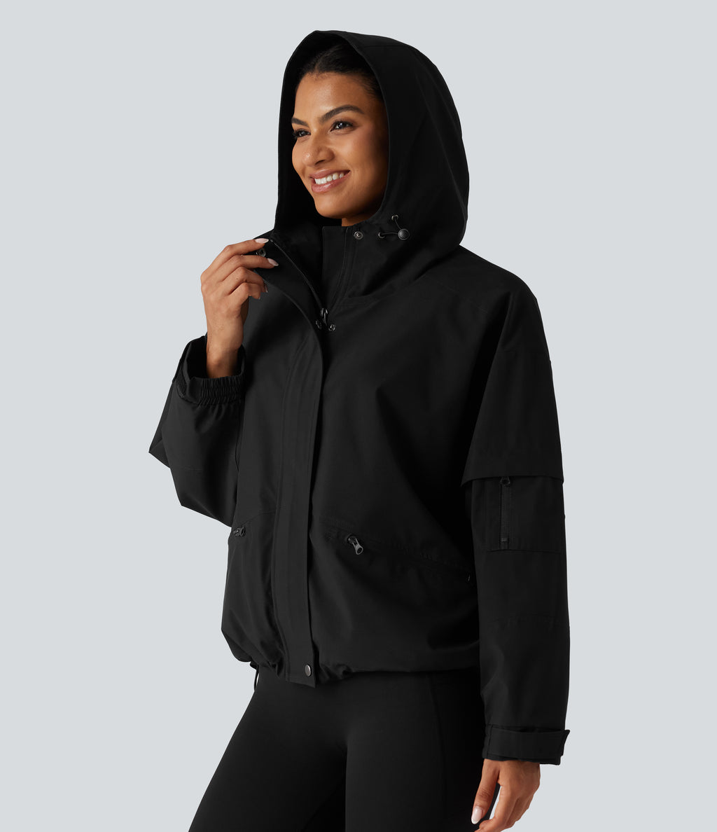 Hooded Drawstring Long Sleeve Casual Jacket with Pockets — Black — view 6