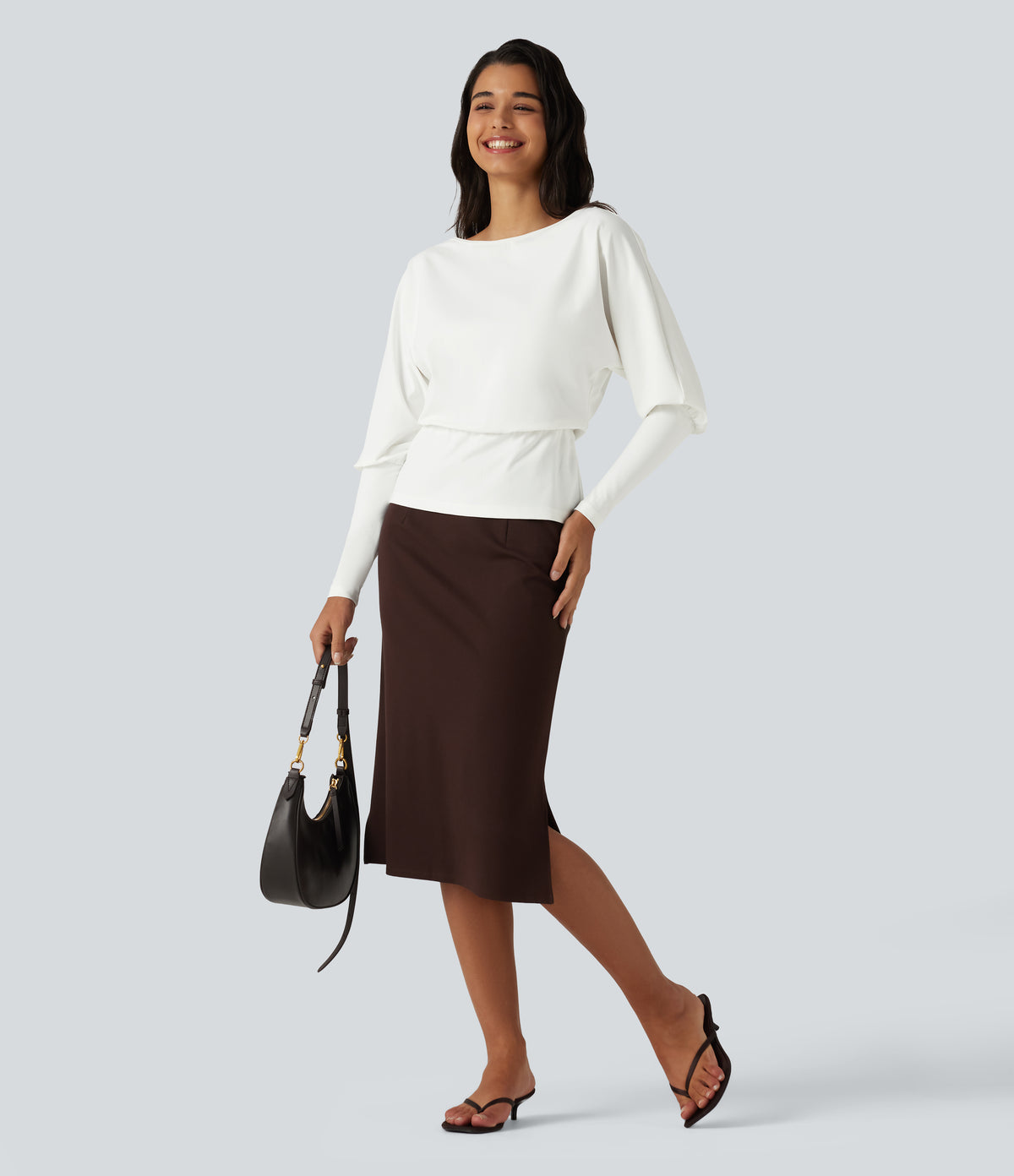 Boat Neck Batwing Sleeve Work Tops — White — view 7