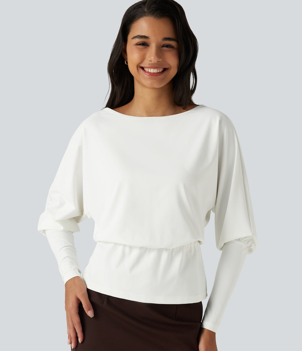 Boat Neck Batwing Sleeve Work Tops — White — view 1