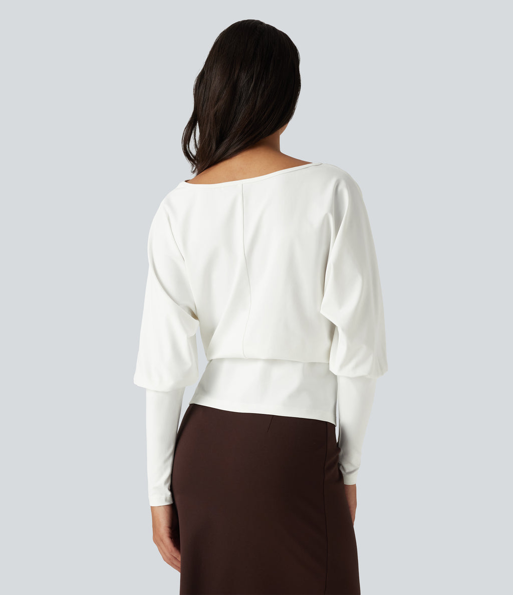Boat Neck Batwing Sleeve Work Tops — White — view 2