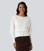 Boat Neck Batwing Sleeve Work Tops — White — view 4