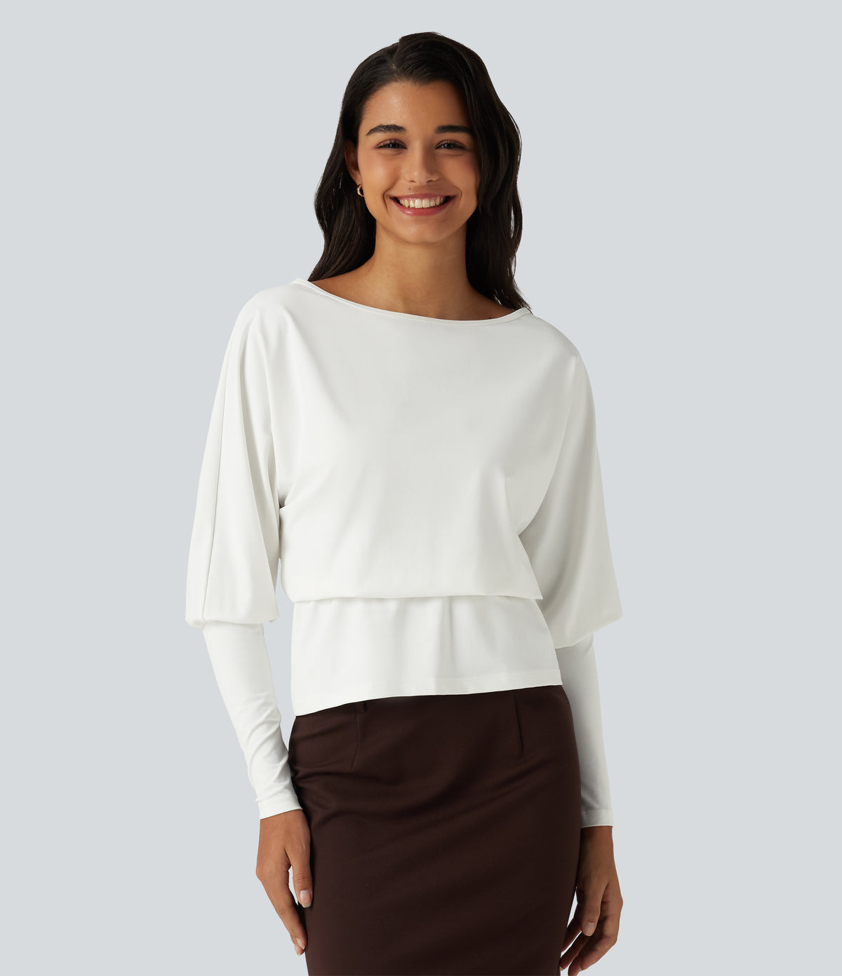 Boat Neck Batwing Sleeve Work Tops — White — view 4