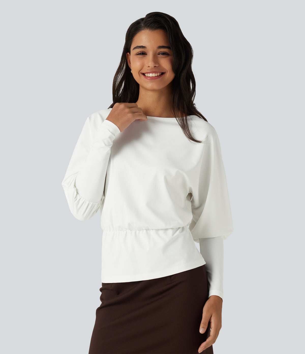 Boat Neck Batwing Sleeve Work Tops — White — view 5