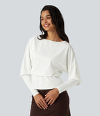 Boat Neck Batwing Sleeve Work Tops — White — view 3