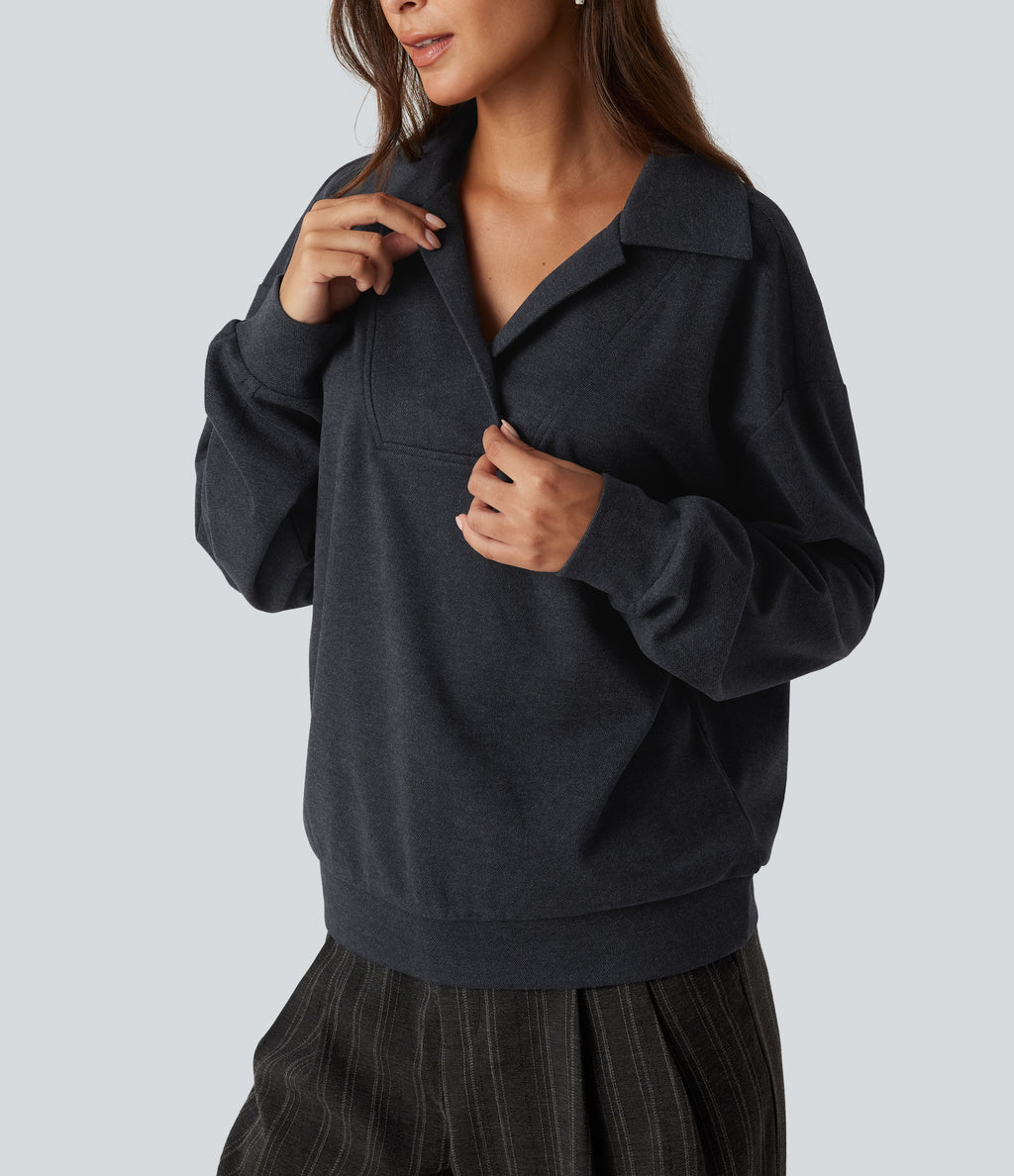 V Neck Dropped Shoulder Long Sleeve Casual Sweatshirt — Navy — view 6