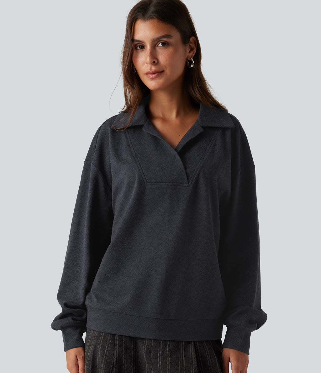 V Neck Dropped Shoulder Long Sleeve Casual Sweatshirt — Navy — view 1