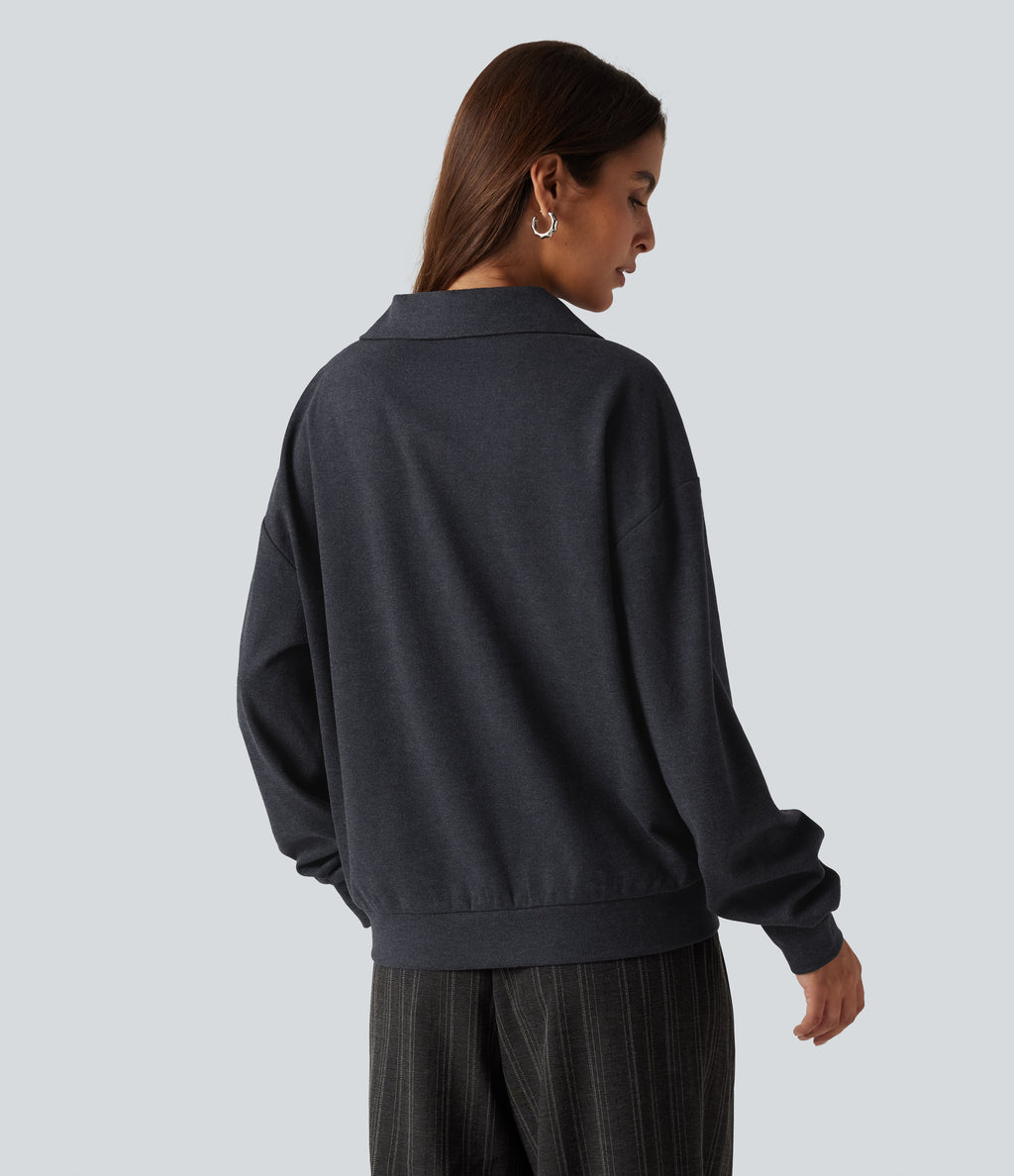 V Neck Dropped Shoulder Long Sleeve Casual Sweatshirt — Navy — view 2
