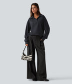V Neck Dropped Shoulder Long Sleeve Casual Sweatshirt — Navy — view 7