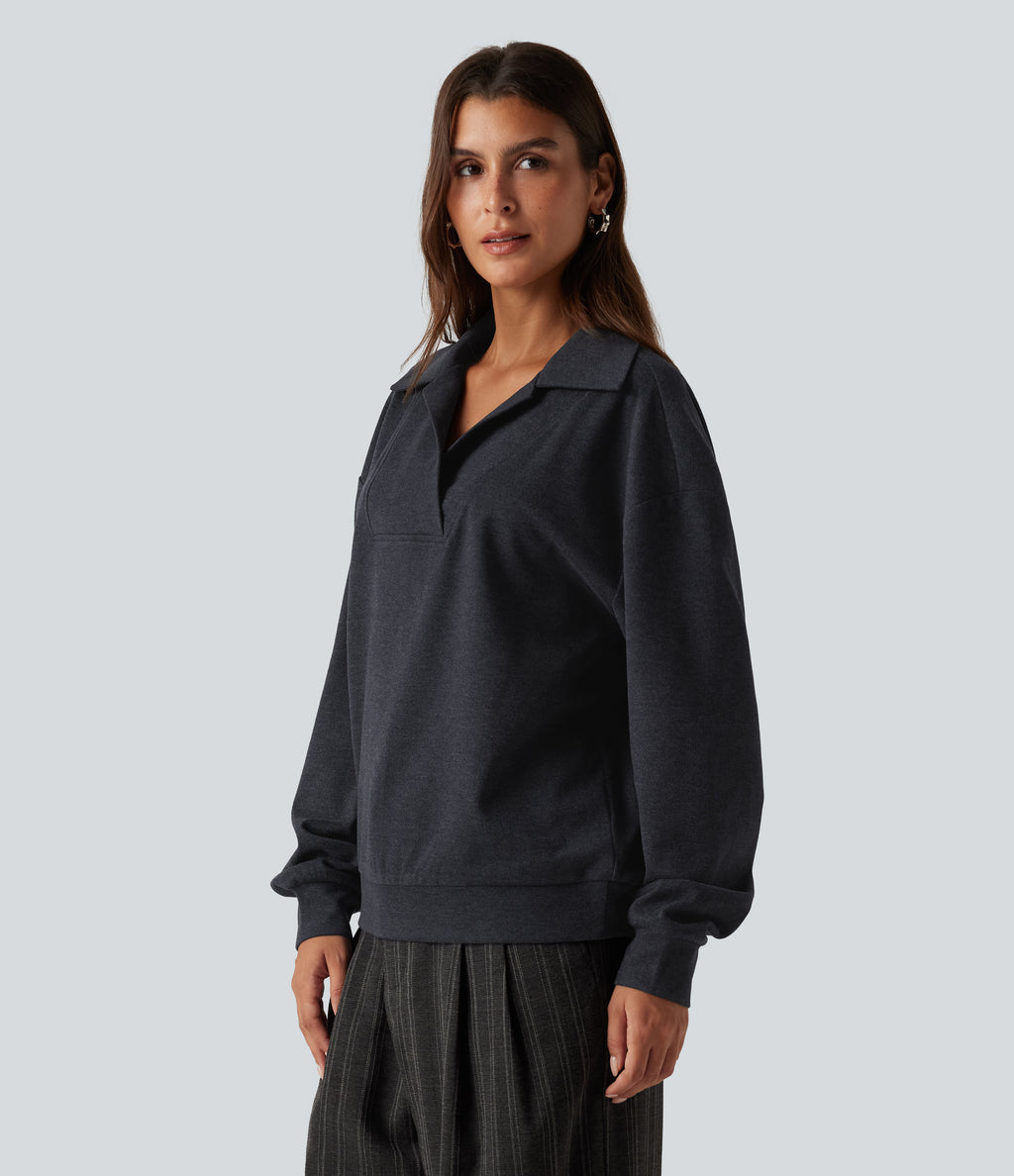 V Neck Dropped Shoulder Long Sleeve Casual Sweatshirt — Navy — view 3