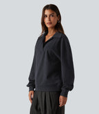 V Neck Dropped Shoulder Long Sleeve Casual Sweatshirt — Navy — view 3