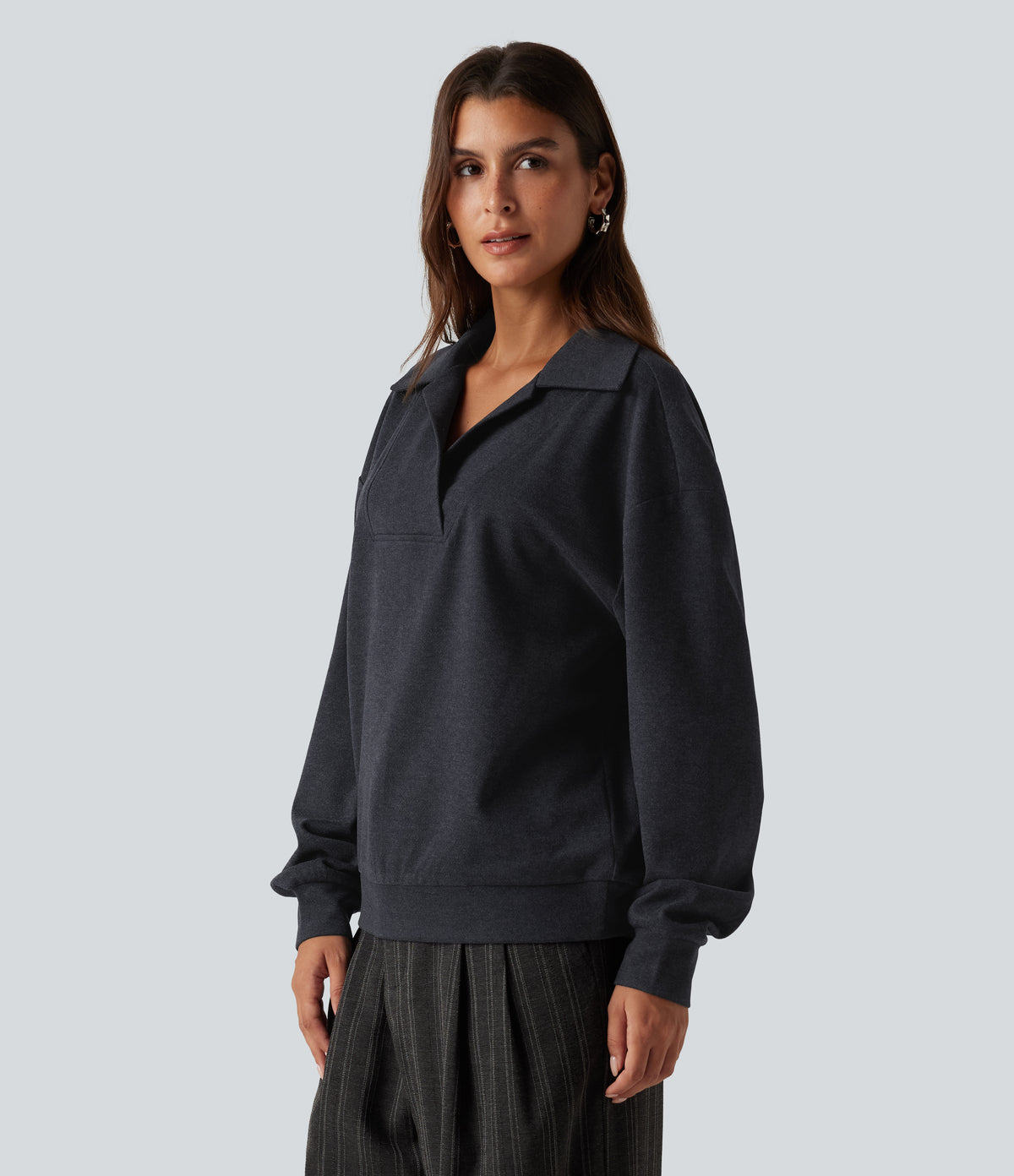 V Neck Dropped Shoulder Long Sleeve Casual Sweatshirt — Navy — view 3
