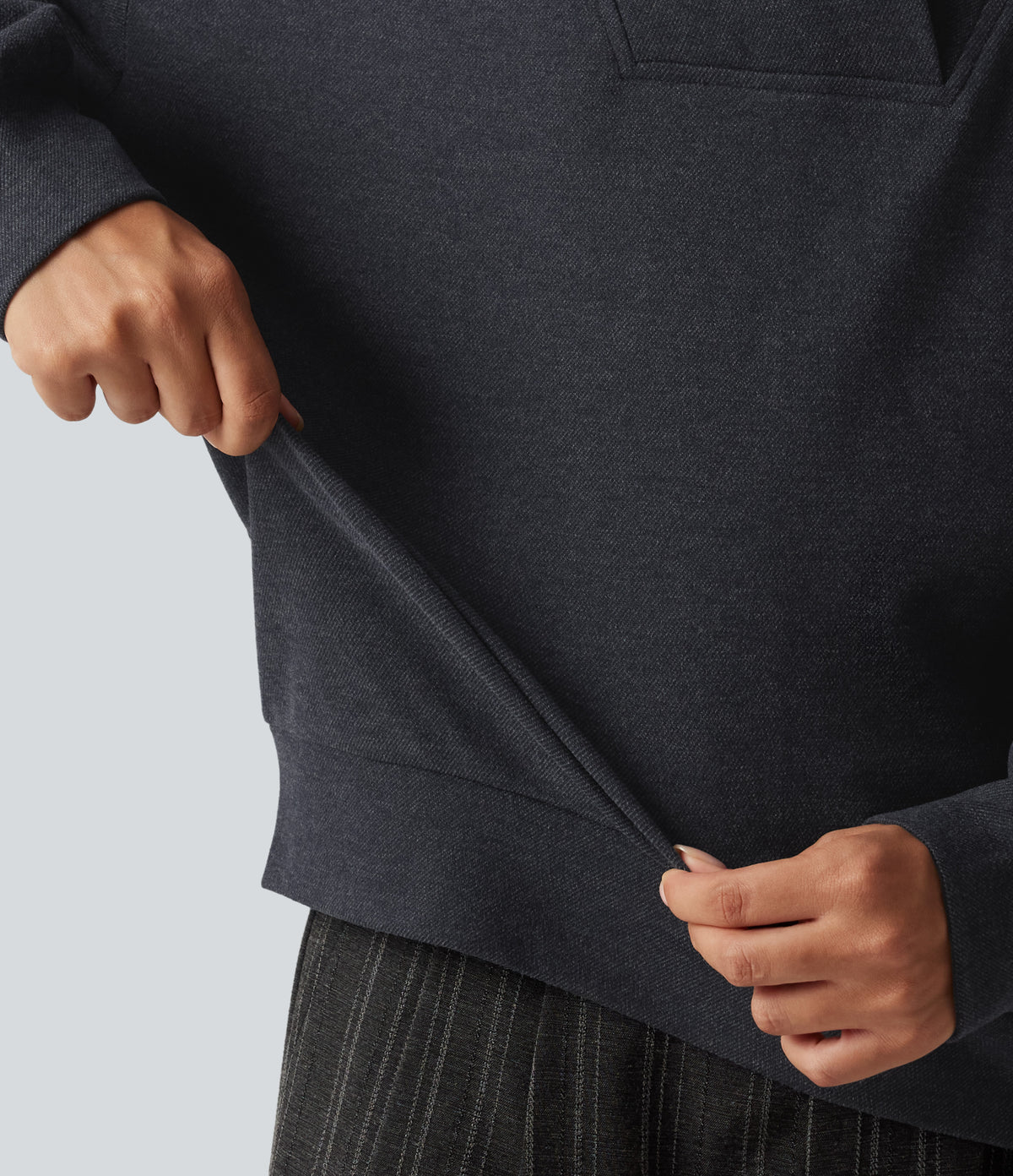 V Neck Dropped Shoulder Long Sleeve Casual Sweatshirt — Navy — view 5