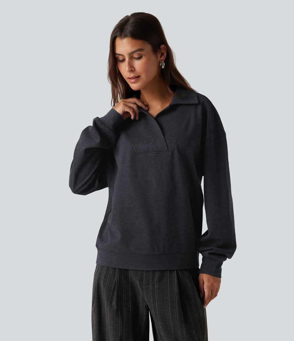 V Neck Dropped Shoulder Long Sleeve Casual Sweatshirt — Navy — view 4