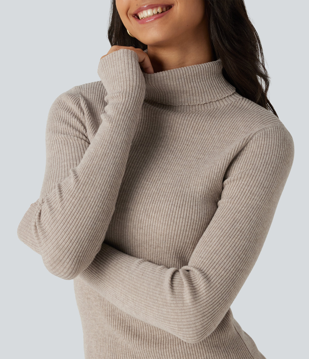 High Neck Long Sleeve Thumb Hole Work Jumper — Plaza Taupe — view 5