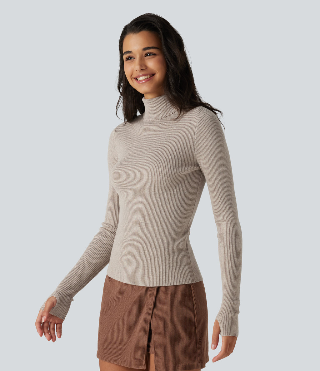 High Neck Long Sleeve Thumb Hole Work Jumper — Plaza Taupe — view 3