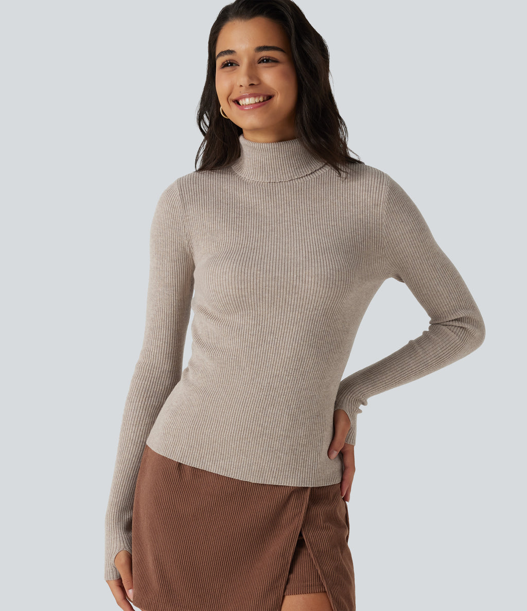 High Neck Long Sleeve Thumb Hole Work Jumper — Plaza Taupe — view 1
