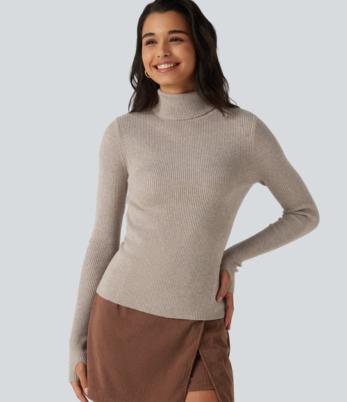High Neck Long Sleeve Thumb Hole Work Jumper — Plaza Taupe — view 1