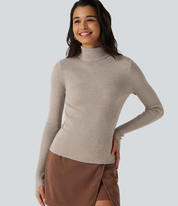 High Neck Long Sleeve Thumb Hole Work Jumper — Plaza Taupe — view 1