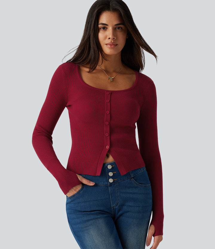Square Neck Long Sleeve Thumb Hole Casual Jumper — Emboldened — view 1