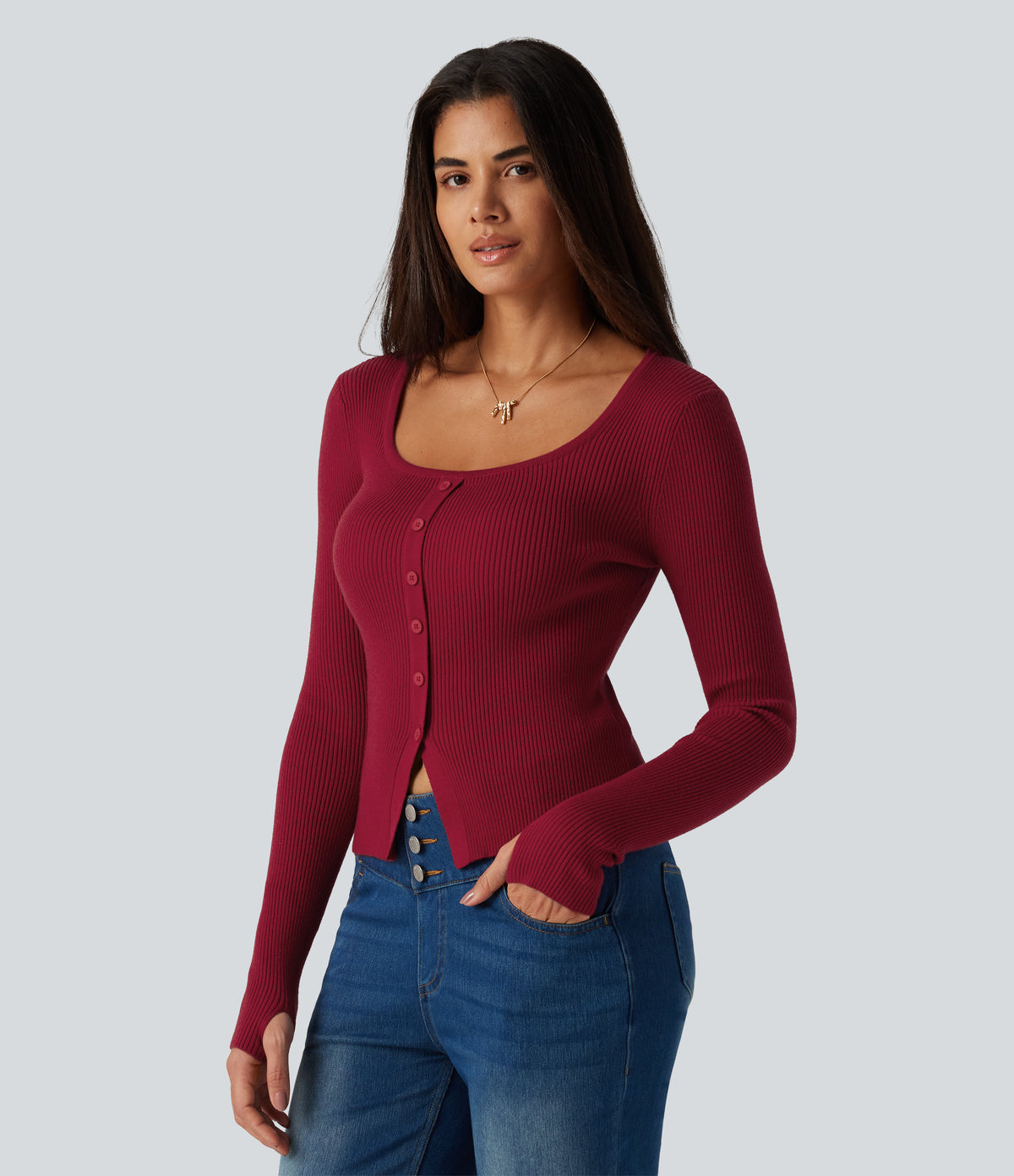 Square Neck Long Sleeve Thumb Hole Casual Jumper — Emboldened — view 3