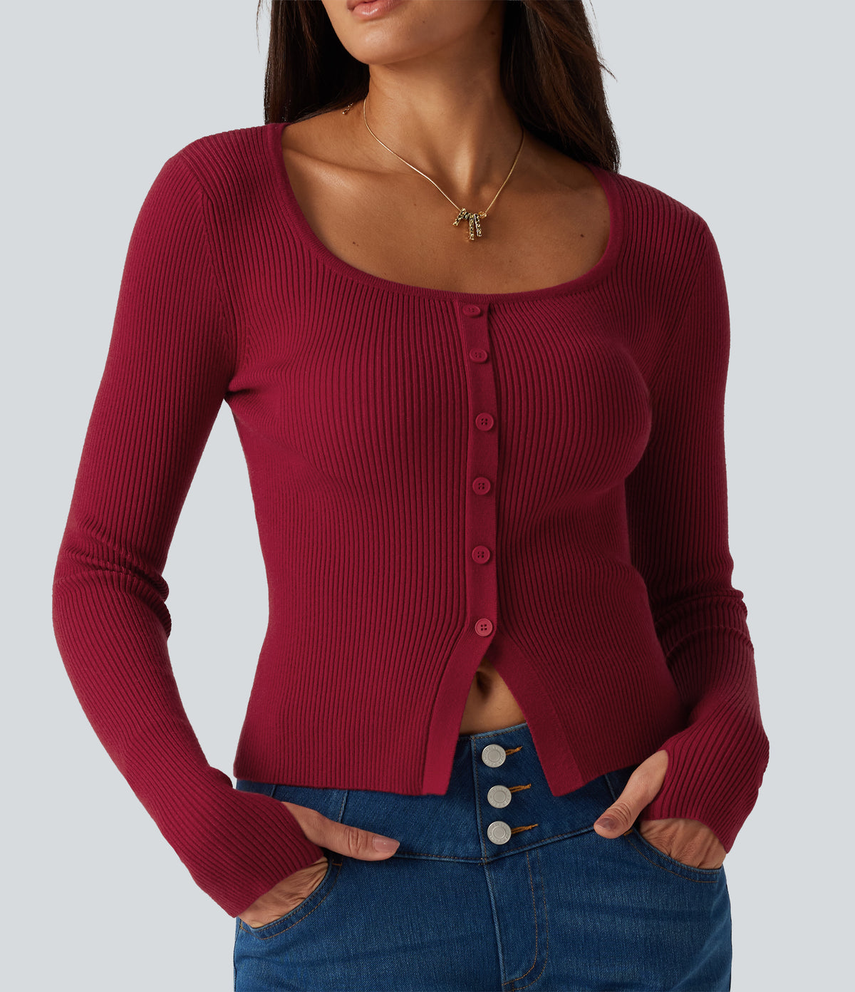 Square Neck Long Sleeve Thumb Hole Casual Jumper — Emboldened — view 5