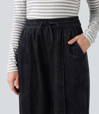 High Waisted Drawstring Baggy Casual Trousers with Pockets — Dark Navy — view 5