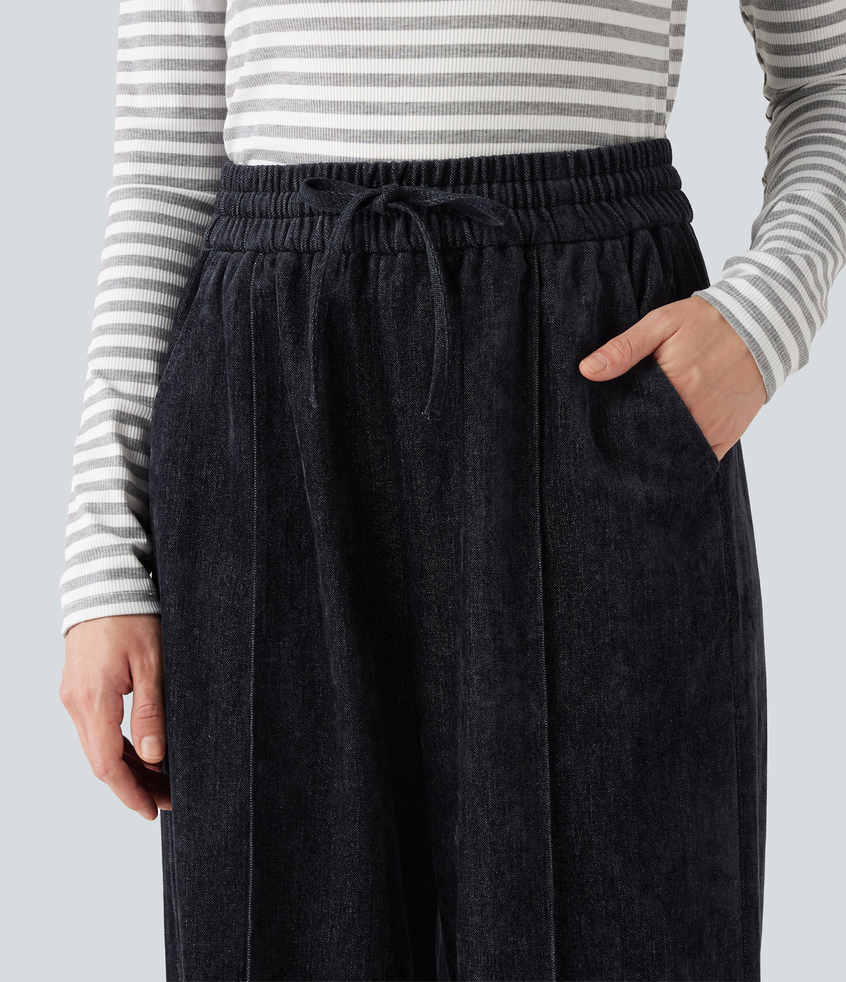 High Waisted Drawstring Baggy Casual Trousers with Pockets — Dark Navy — view 5