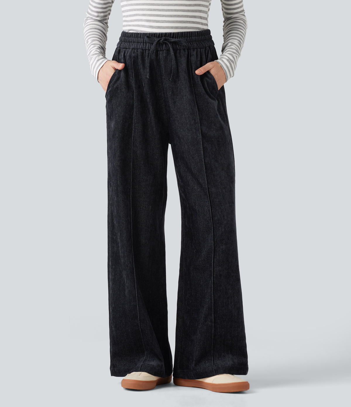High Waisted Drawstring Baggy Casual Trousers with Pockets — Dark Navy — view 1