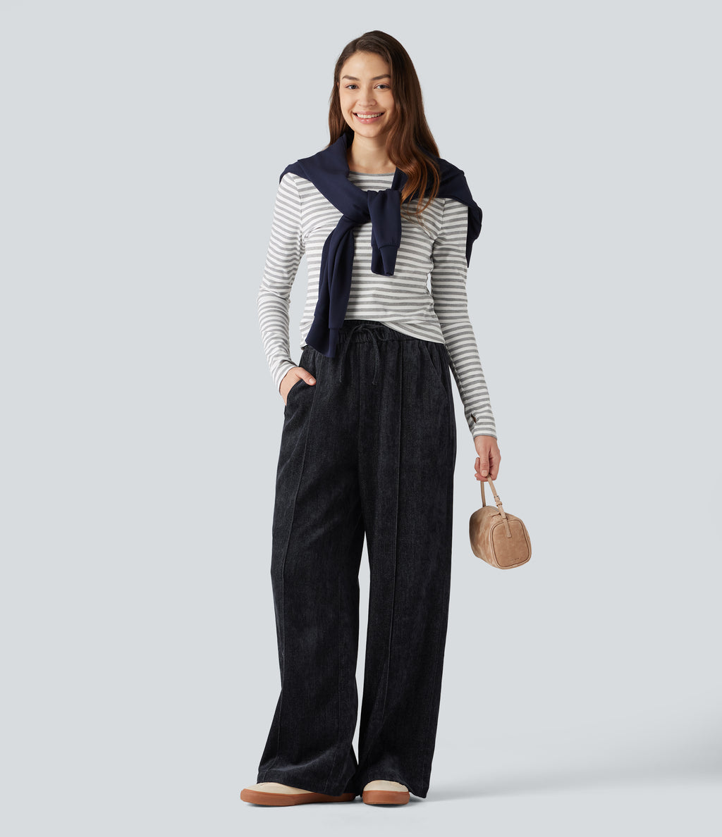 High Waisted Drawstring Baggy Casual Trousers with Pockets — Dark Navy — view 7
