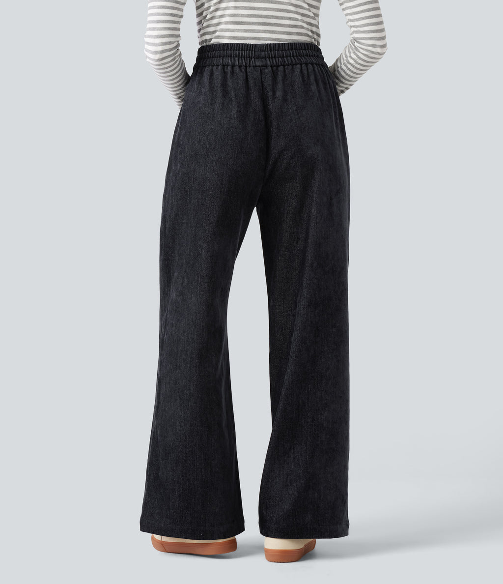 High Waisted Drawstring Baggy Casual Trousers with Pockets — Dark Navy — view 3