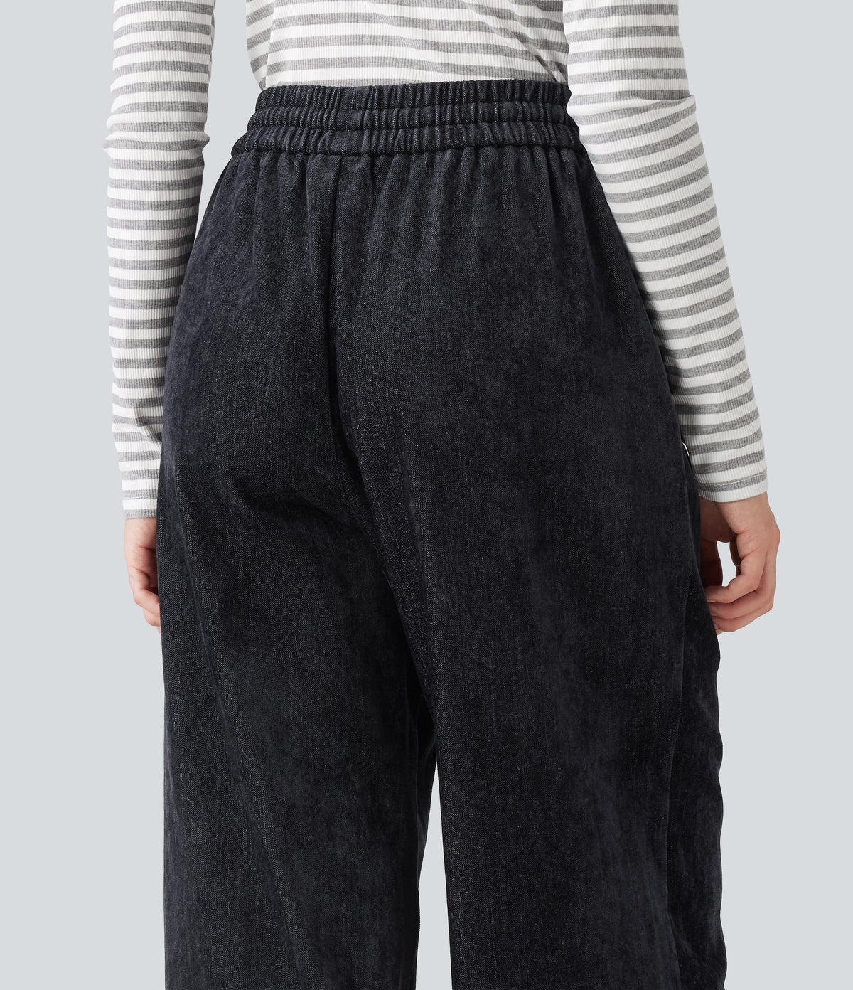 High Waisted Drawstring Baggy Casual Trousers with Pockets — Dark Navy — view 6