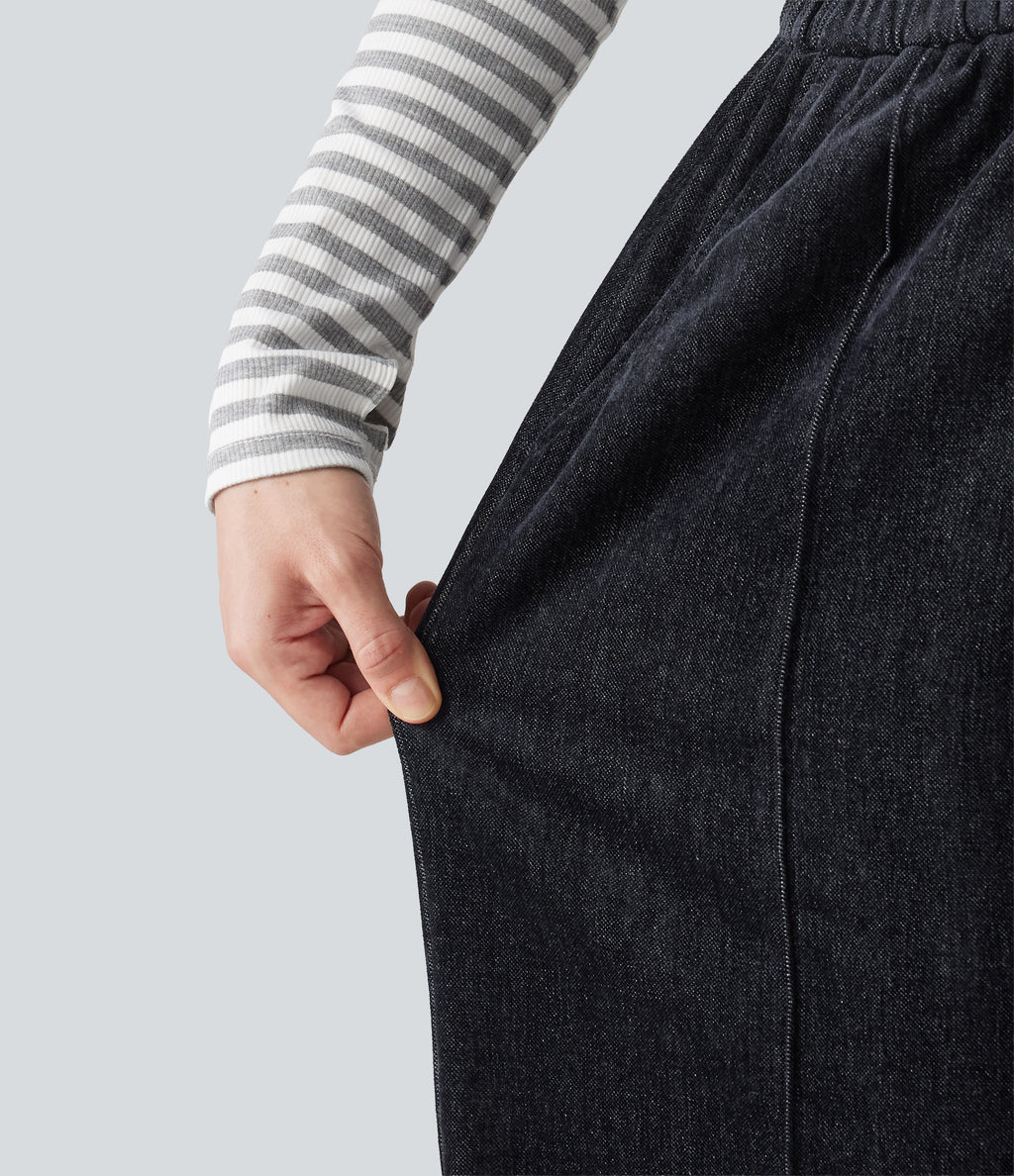 High Waisted Drawstring Baggy Casual Trousers with Pockets — Dark Navy — view 4