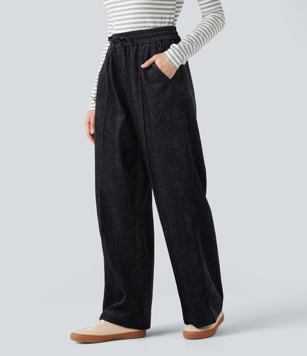 High Waisted Drawstring Baggy Casual Trousers with Pockets — Dark Navy — view 2