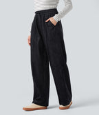 High Waisted Drawstring Baggy Casual Trousers with Pockets — Dark Navy — view 2